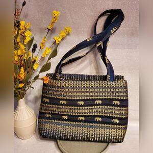 Unique Thai elephant purse / Handbag Blue & Gold Embroidered NWOT